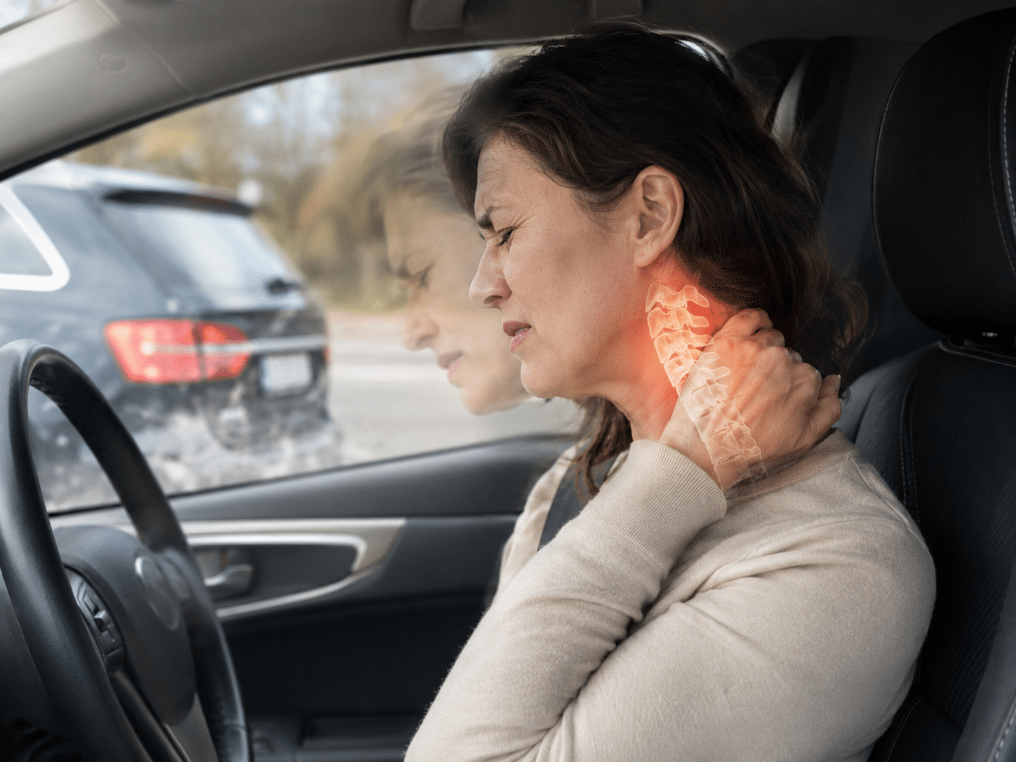 Illustration explaining whiplash neck injury after a car crash