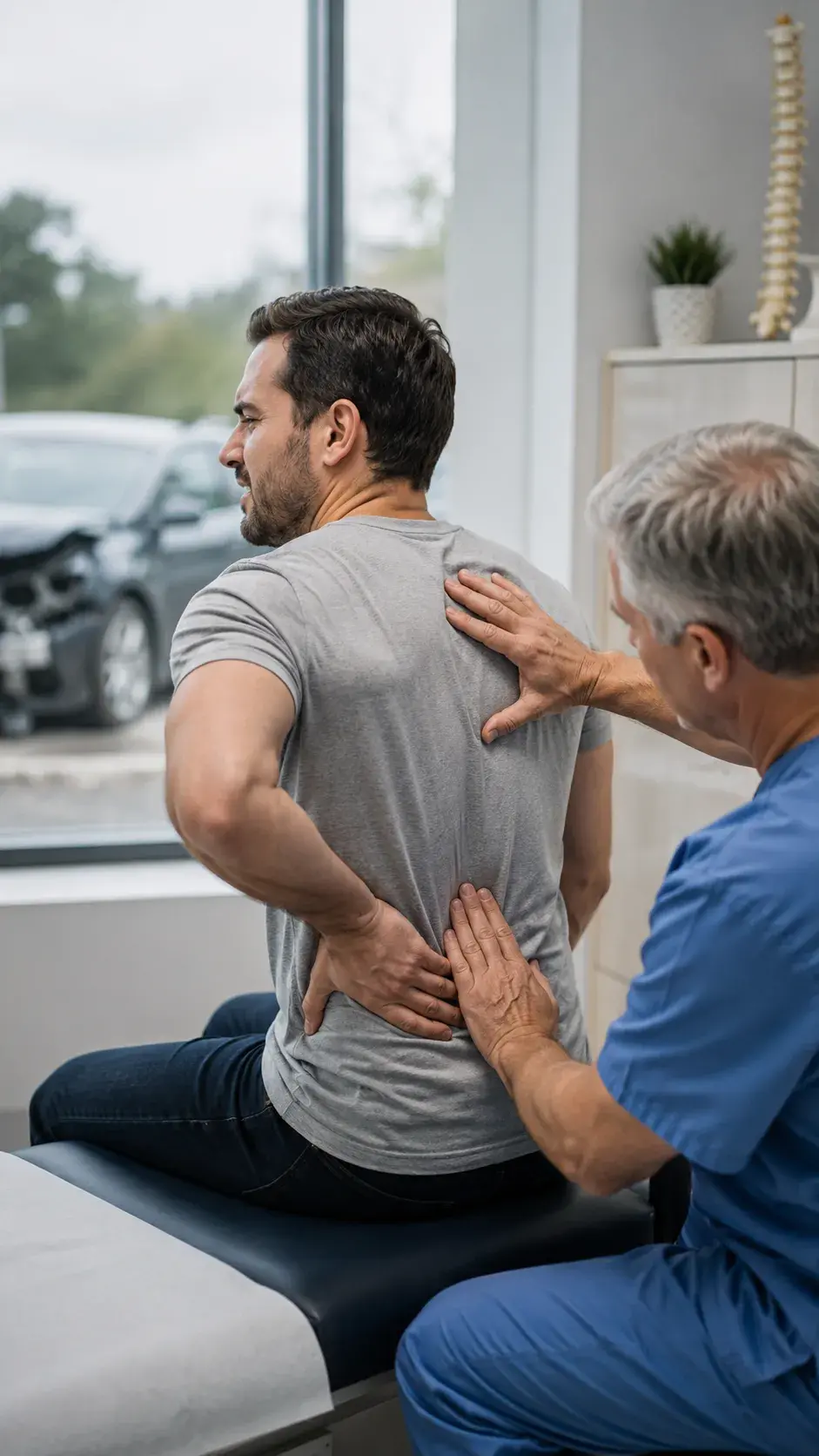 Chiropractor evaluating a patient with back pain after a car accident